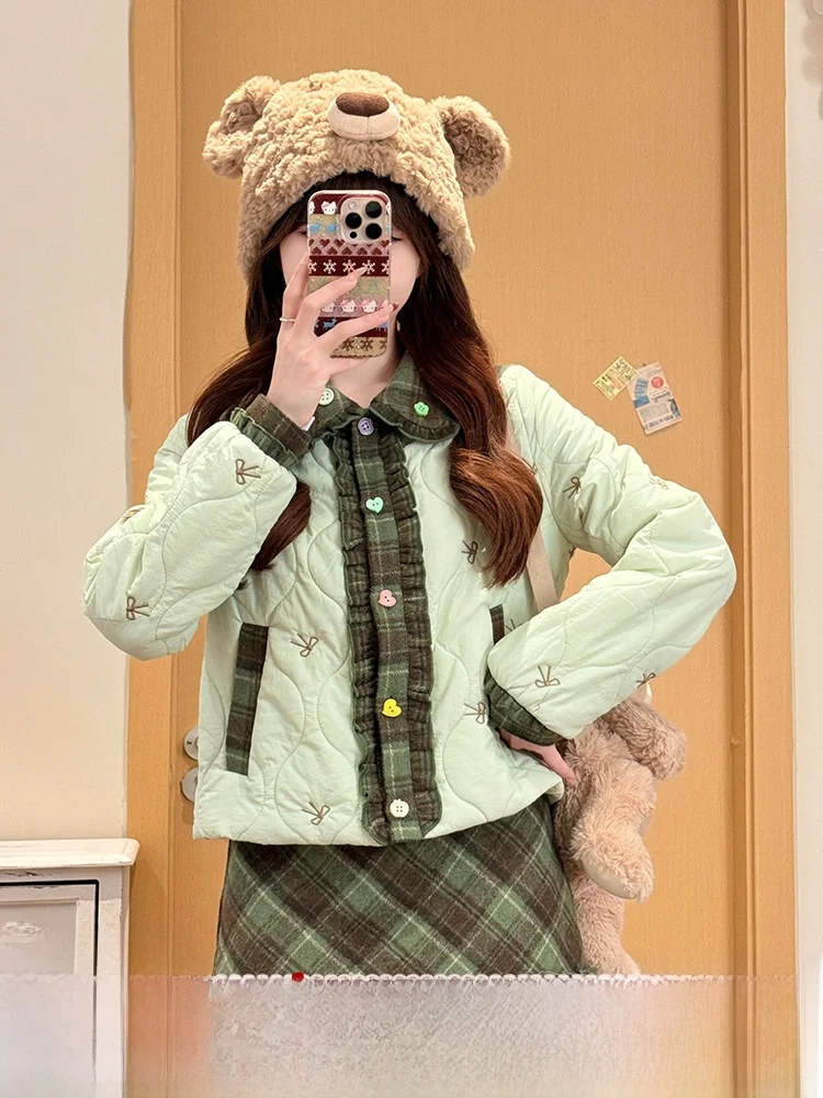 

Adorable Sweet Sle Light een Plaid Cotton Winter Set for Women Skirt f-length Cute Youthful Faion Fabric Pig Design
