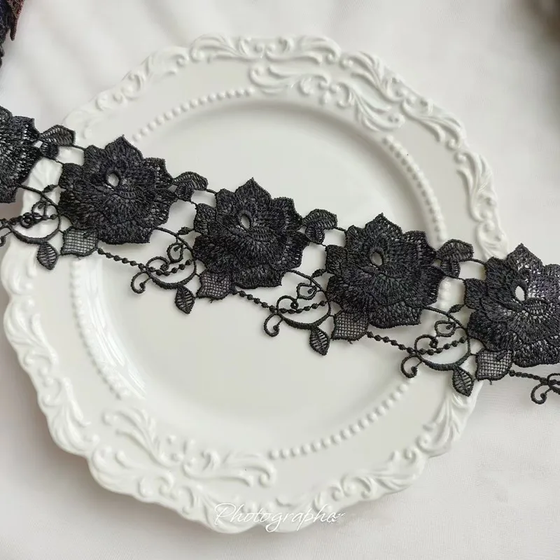 12Yards 6.5cm Wide Shiny Black Flower Venise Diy Venice Lace Clothing Accessories Of Various Garment,Bra.Skirt