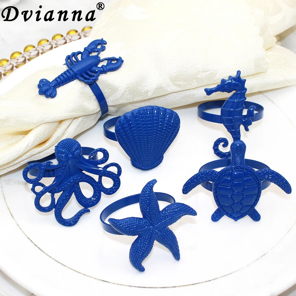 6Pcs Blue Ocean Themed Napkin Rings Metal Napkin Holders for Beach Wedding Party Home Christmas Baby Shower Table Decoration