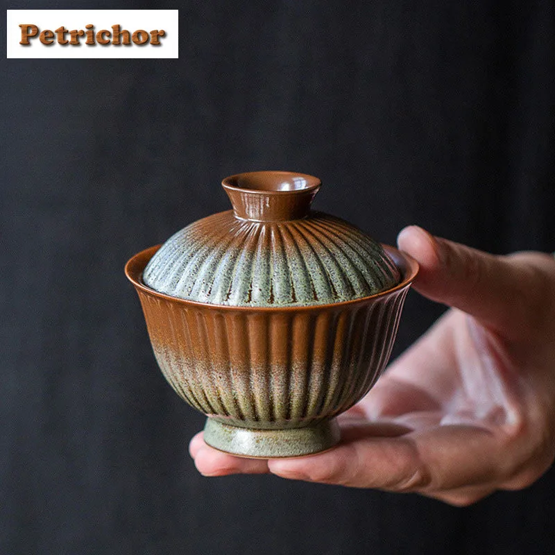 

100ml Coarse Pottery Flame Marks Kiln Transformation Striped Gaiwan Luxury Tea Tureen Tea Bowl With Lid Kit Tea Maker Cover Bowl