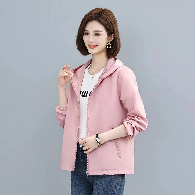 

2024 Spring Autumn Women Short Jacket Lined Coat 5XL Large Size Casual Thin Zipper Hooded Windbreake Female Solid Basic Outwear