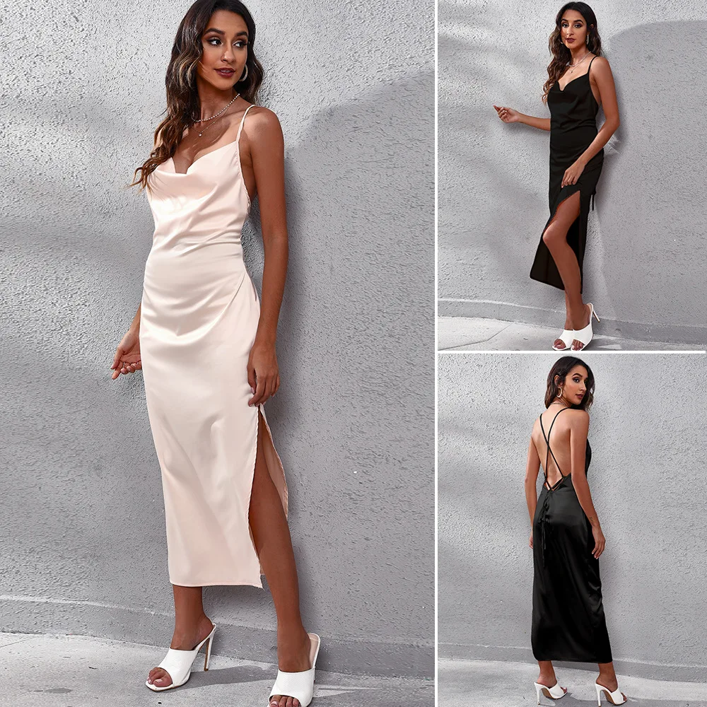 Eksplodujące w Europie i Ameryce satynowe sukienki na ramiączkach z rozcięciem na plecach i kołnierzykiem typu swing, długa spódnica damska, nowość na wiosnę i lato.