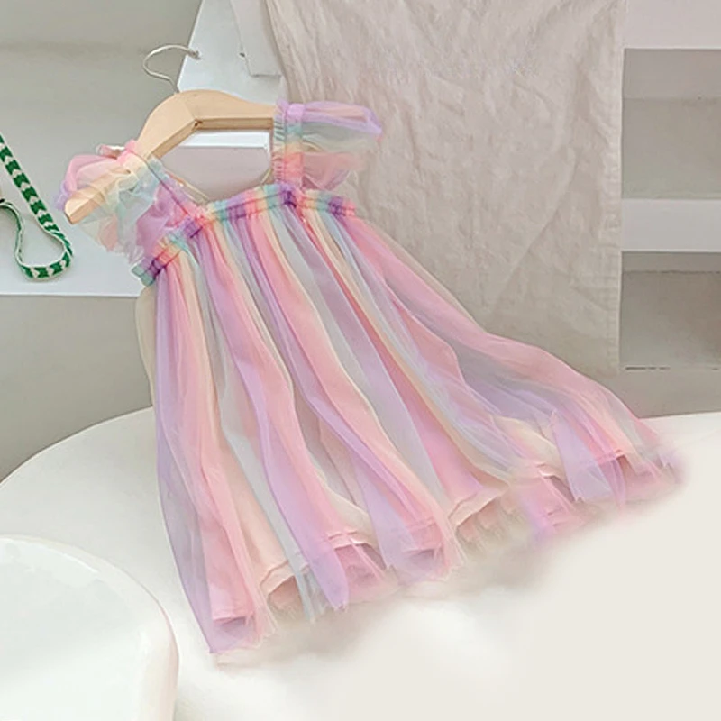 Baby Girls Gradient Rainbow Tulle Sling Dress 3D Butterfly Mesh Vestido Vintage Children Wedding Birthday Party Princess Dresses