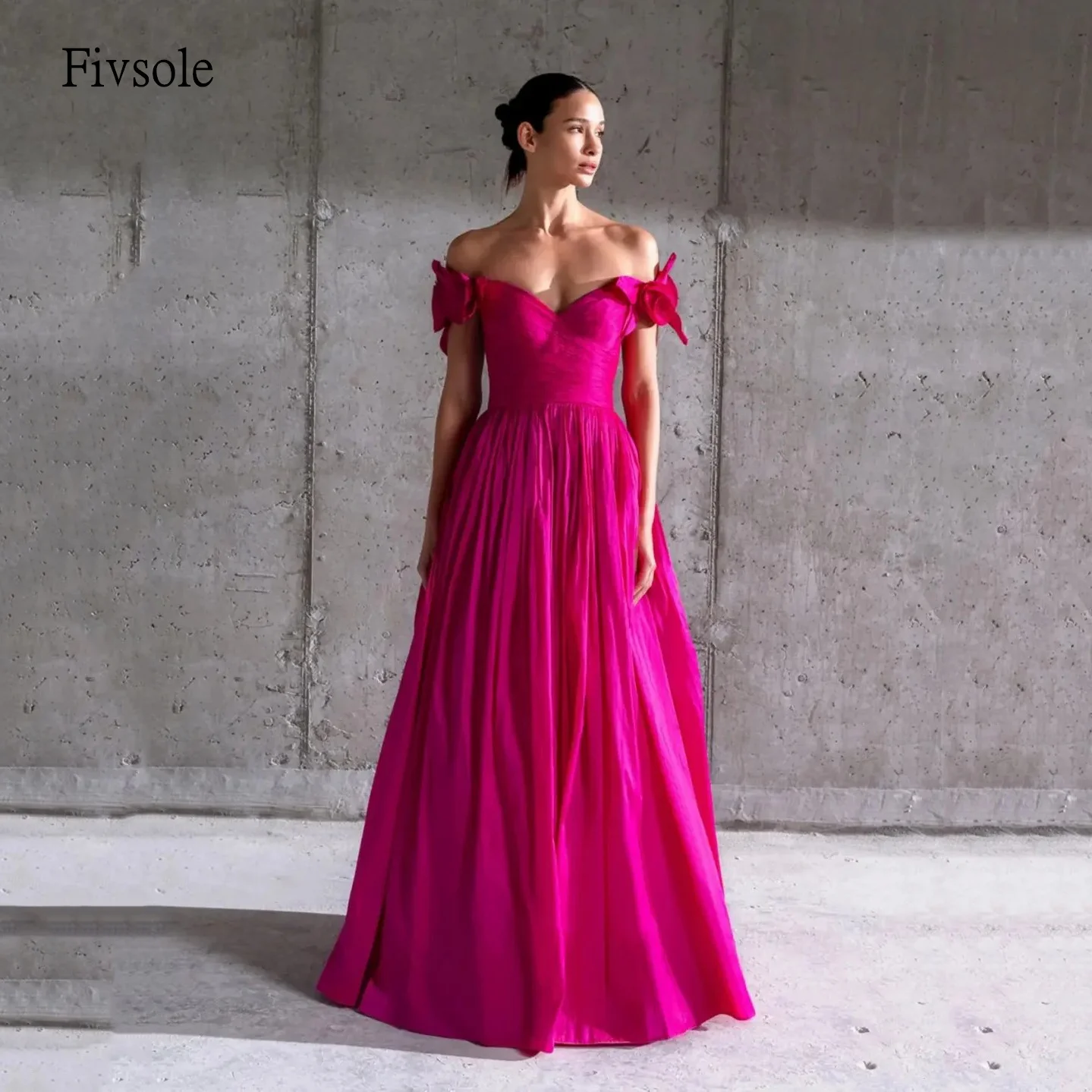 

Fivsole Hot Pink A Line Prom Gowns Flower Off The Shoulder Party Gown Floor Length Evening Dress Gala-ready Customized