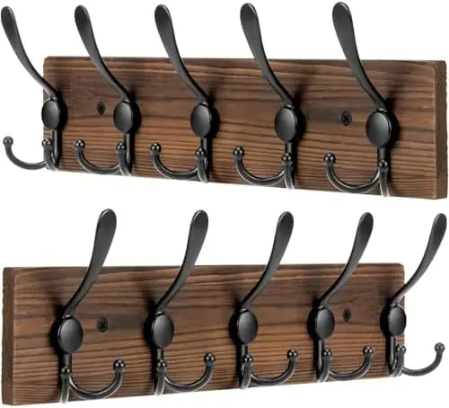 

Деревянная настенная вешалка для одежды - 2 шт., 5 тройных крючков, усиленная конструкция, компактный органайзер для прихожей (коричневый и черный)