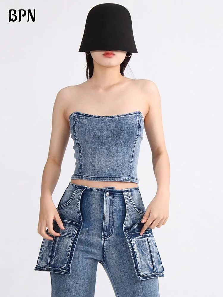 

BPN Denim Strapless Tank Top For Women Slash Neck Sleeveless Off Shoulfder Backless Soild Slimming Summer Vests Female Fashion