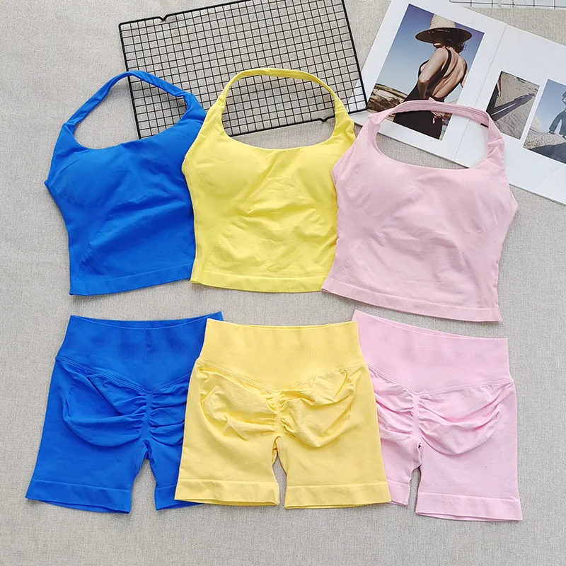 Women's Neck Hanging Sports Bra Set Beautiful Back Yoga Suit Two-Piece Vest High Waist Hip Lifting Fitness Gym Set Shorts Sets
