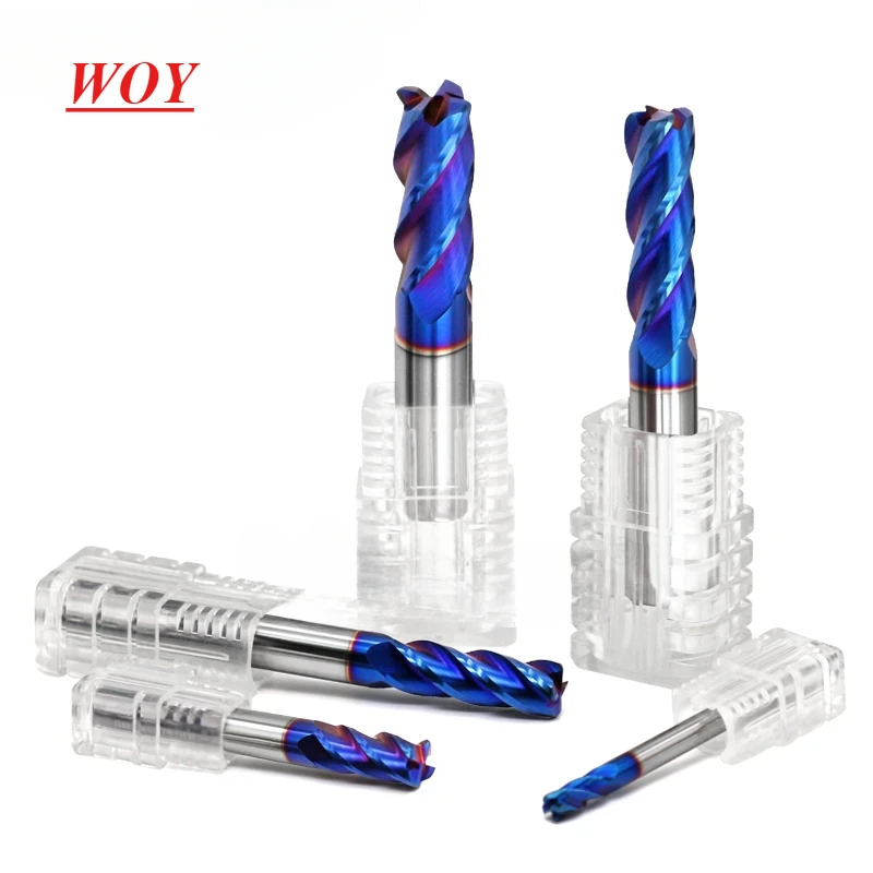 WOY HRC70 Blue Nano Coating Milling Cutter 4-Flute Tungsten Steel Carbide CNC Machine Machining Round Nose Endmills Tools