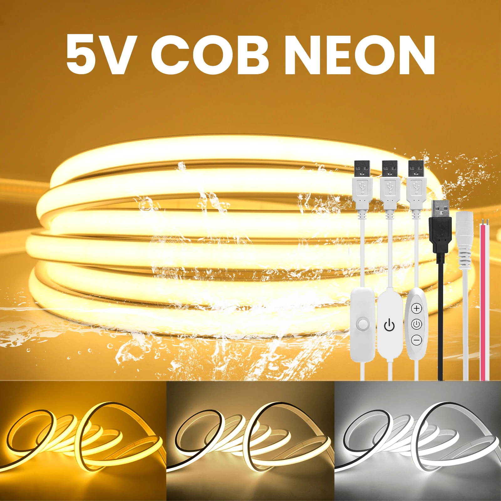 

5V USB COB LED Strip Neon Light 320LEDs/m Waterproof Dimmable LED Neon Rope Light Flexible Tape for Bedroom Cabinet Lighting