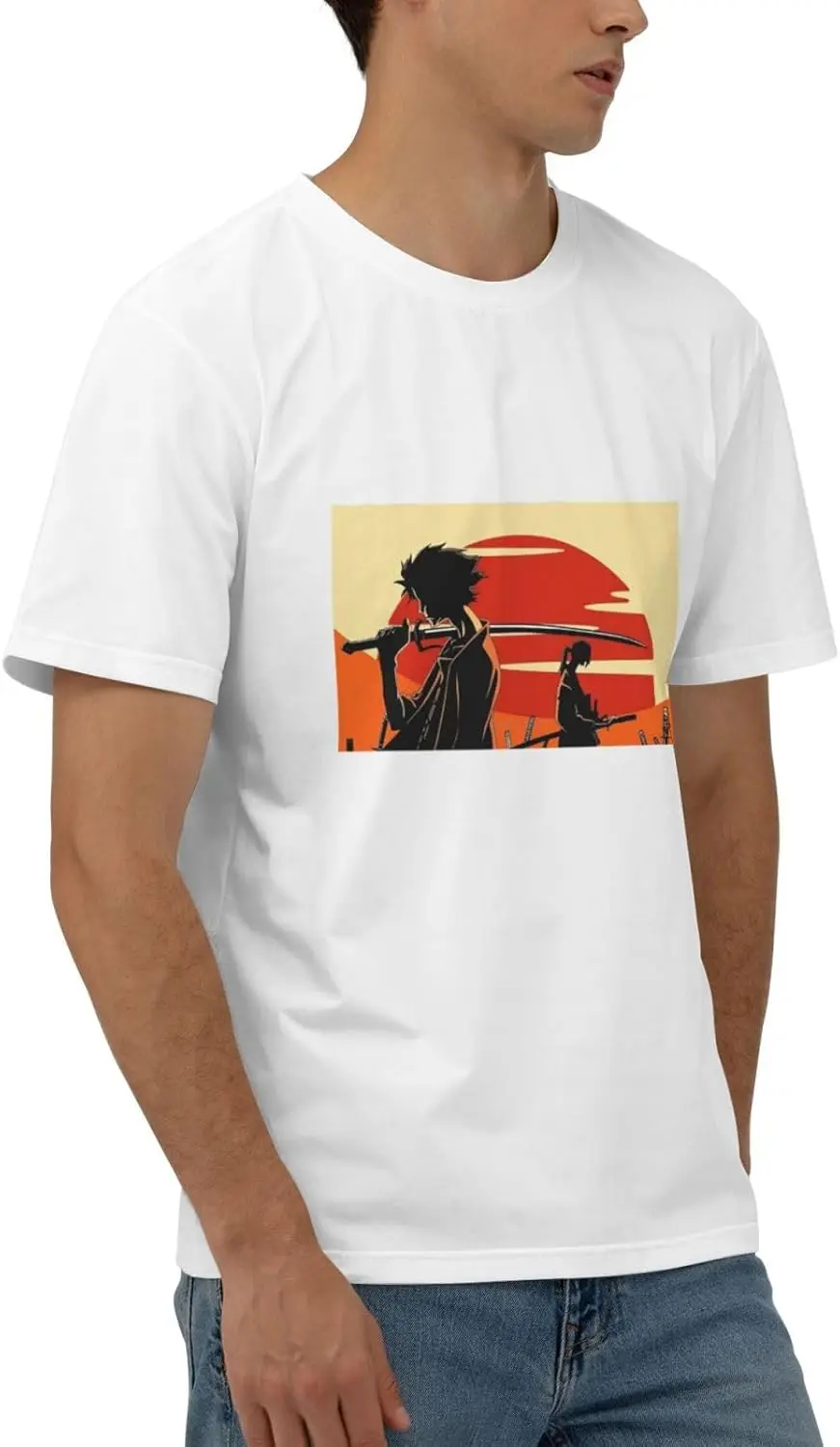 Camiseta de manga corta de algodón para hombre, camisa de Anime Samurai Champloo, cuello redondo, color negro