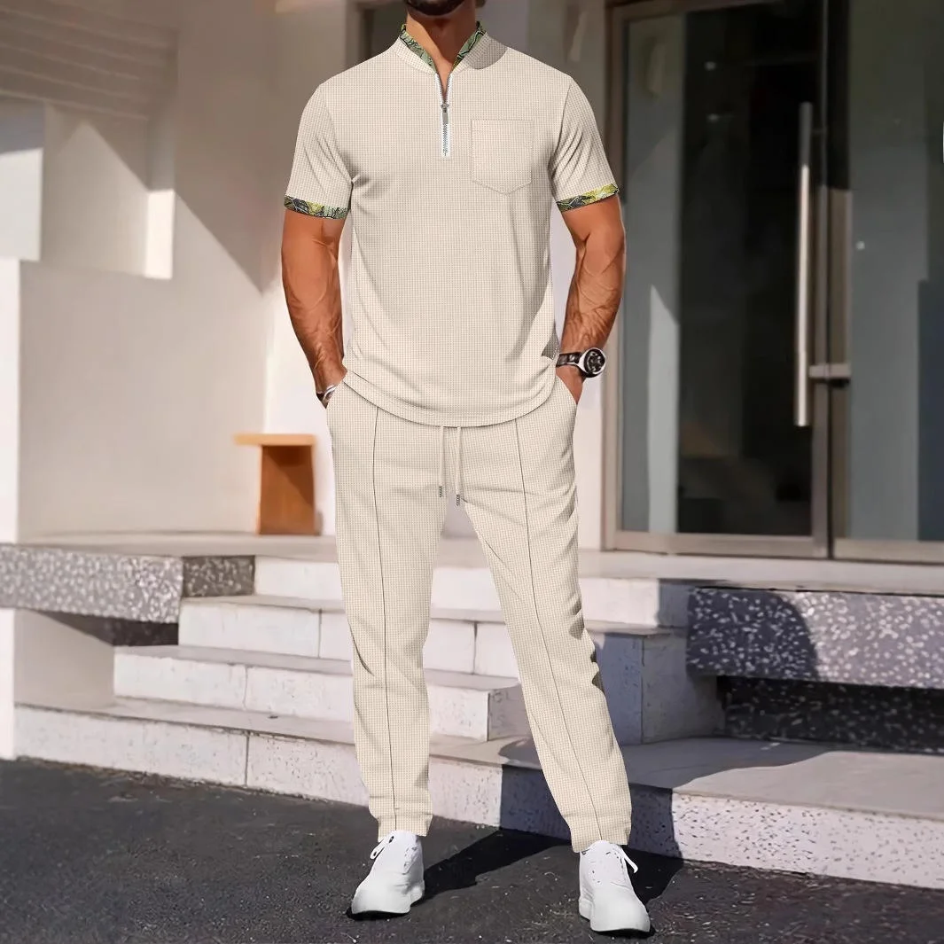 

Men's Casual Sportswear Set Short Sleeve Zipper Collar T-shirt And Long Pants Color Block Design Comfortable Summer Outfit