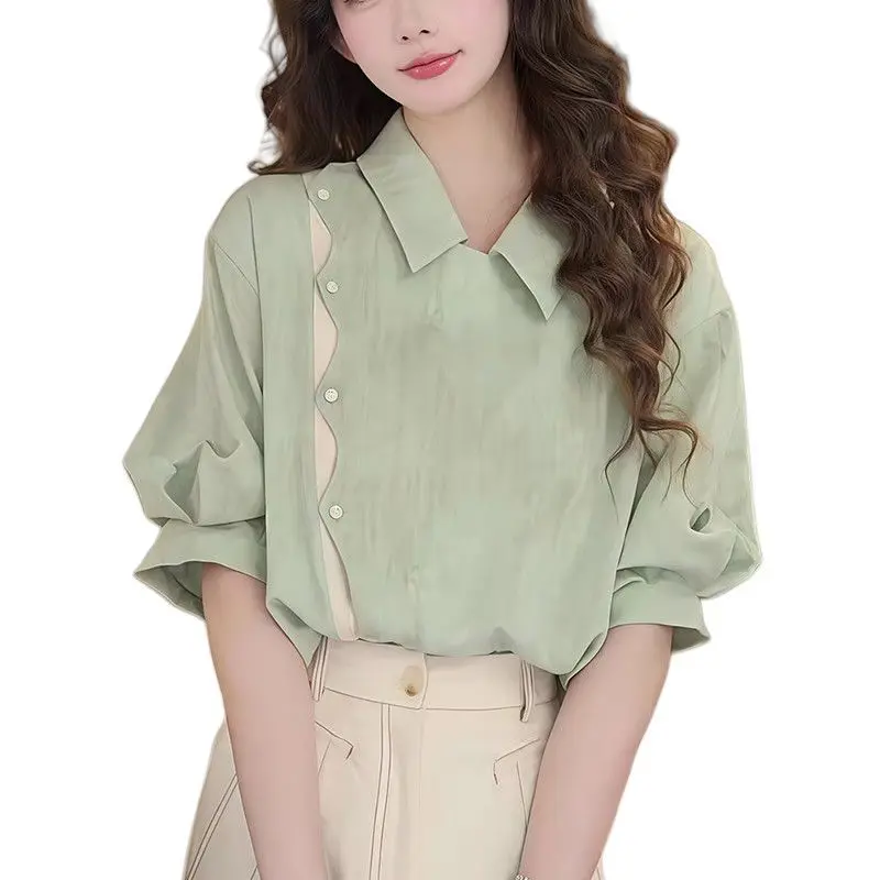 

French Pleated Puff Sleeve Collar Shirt Women's Summer New Loose Slimming Versatile Top