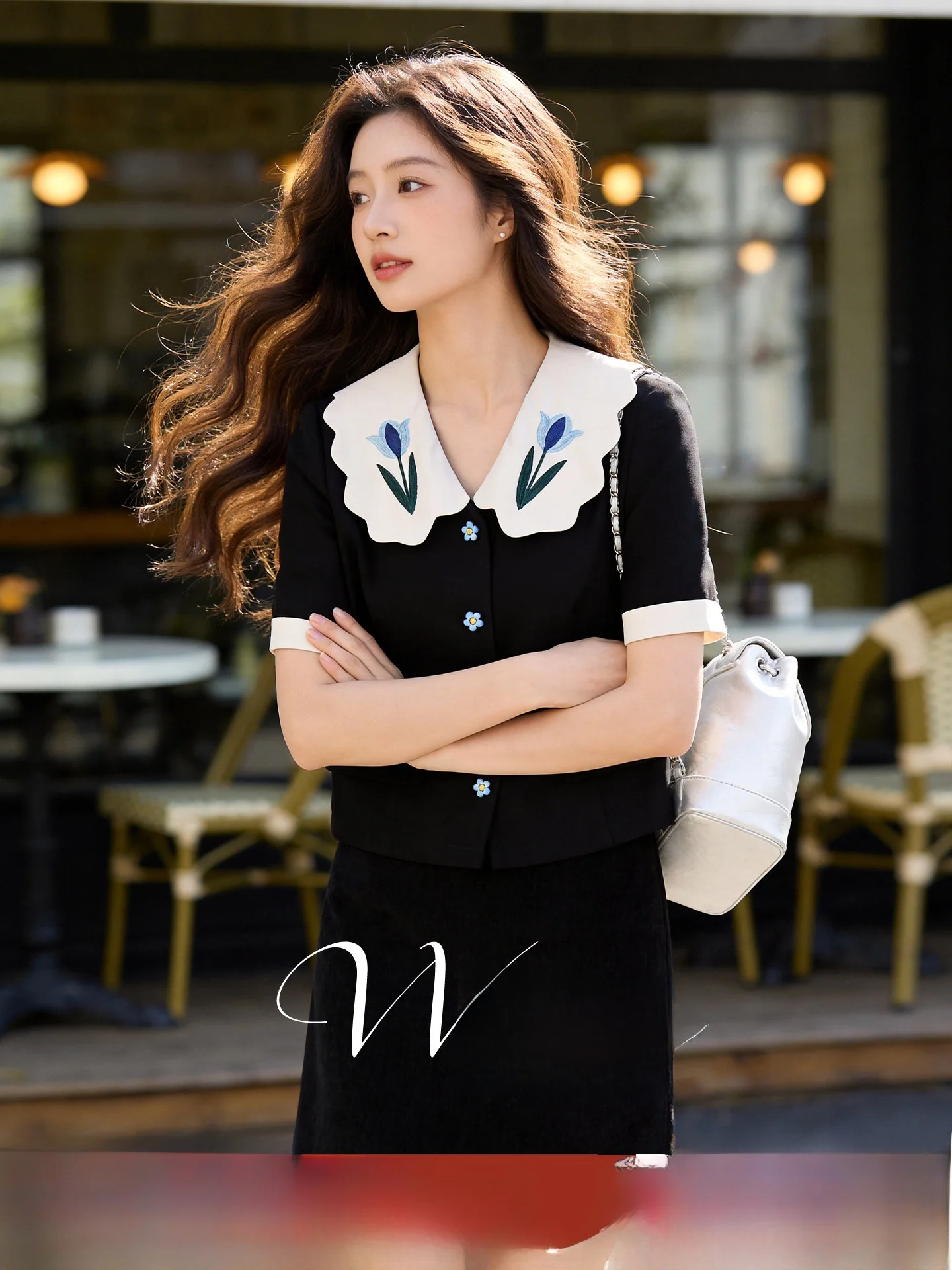 

plus Size Women's Fashion Set Summer New Style Retro Anti-Aging Doll Collar Top Half Skirt Commute Artistic Polyester Fiber
