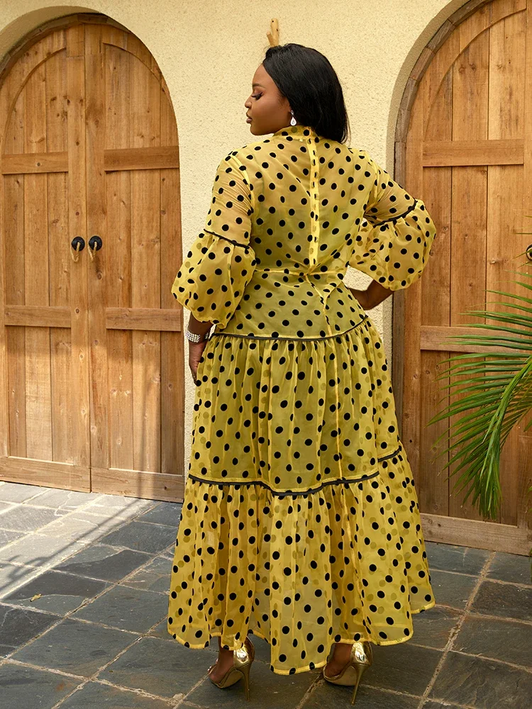 Elegant Women Long Tulle Polka Dot Loose Dress Bow Neck Puff Sleeve Yellow Swing Long Dresses Evening Party Celebrate Vestidos