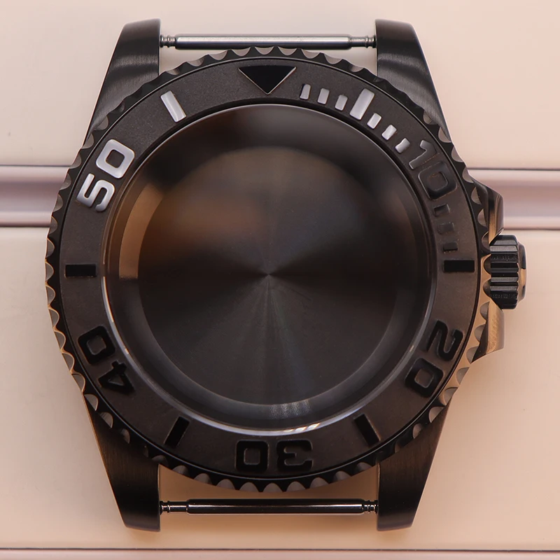 Schwarzes 40mm Herren-Uhrengehäuse mit Saphirglas und schwarzer Yacht-Lünette für Seiko nh35 nh34 NH36 NH38 Eta2824 Miyota8215 Uhrwerk 28,5mm Zifferblatt – Detail 3