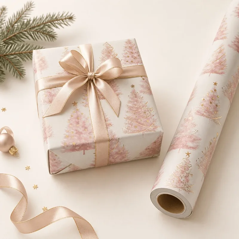 Elegant Pink Christmas Tree Golden Foil Gift Wrapping Paper Roll, Pastel Watercolor Thick Paper For Winter Holiday, Birthday.