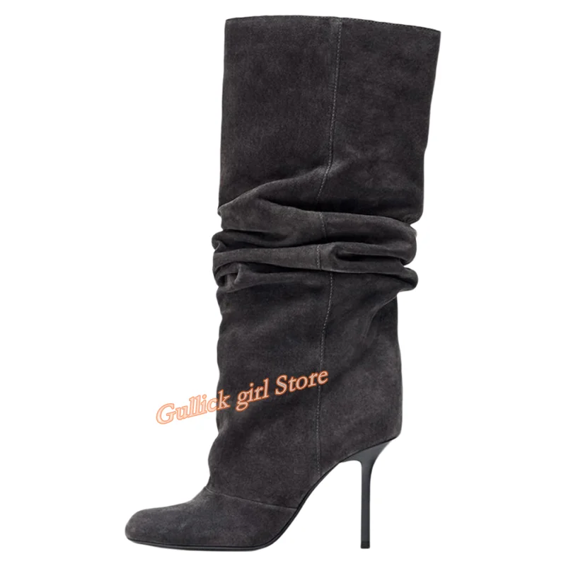 Suede Slouchy Knee High Boots Round Toe Stiletto Thin High Heel Slip On Runway 2026 Winter Autumn Women Fashion Dress Shoes view 4