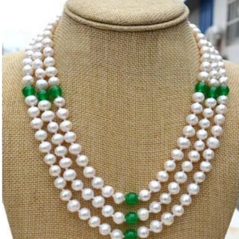 

Hand knotted necklace natural 7-8mm white freshwater pearl green jade 3 rows sweater chain nearly round pearl 17-19inch