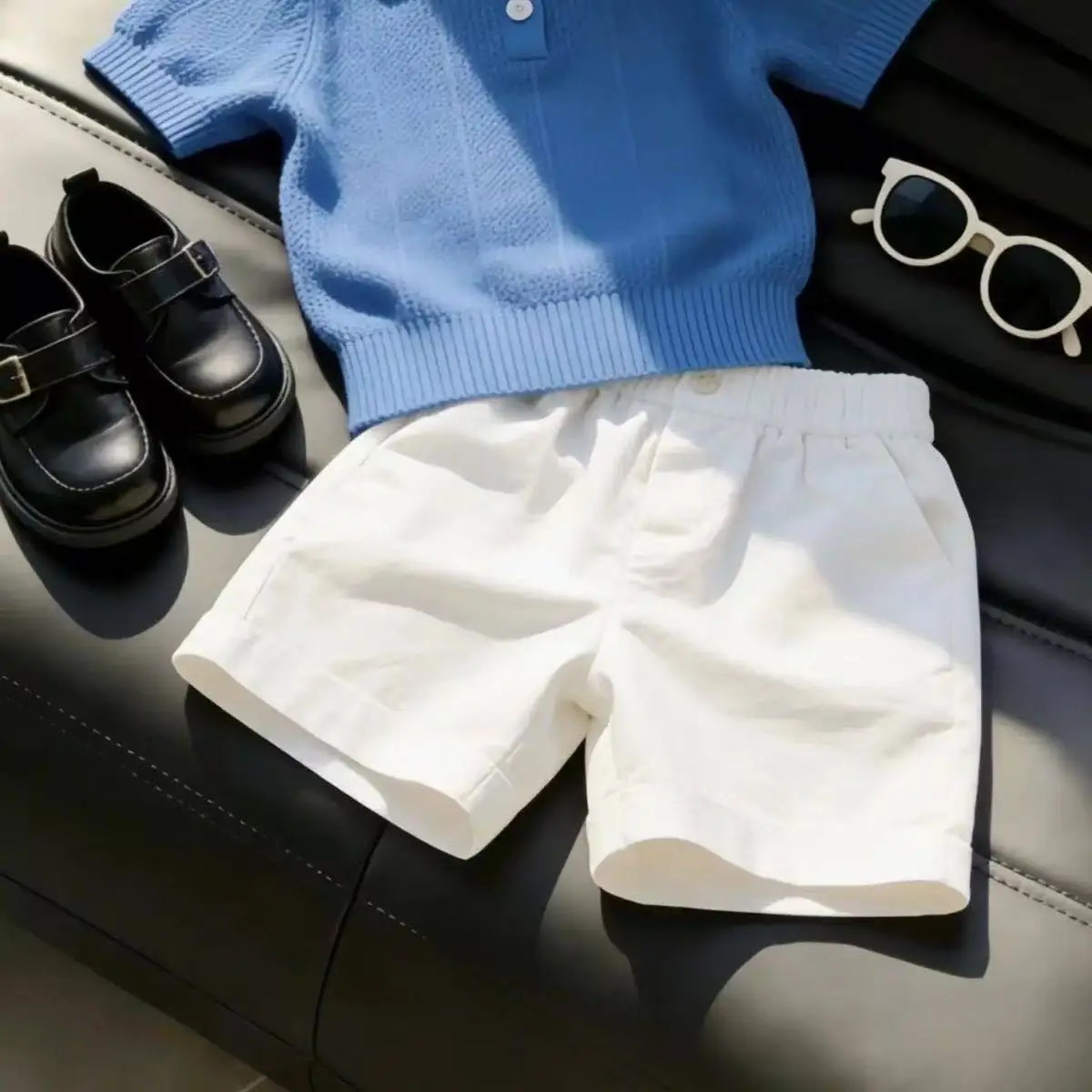 2026 New Children's Summer Fashion PoLo Shirt And Shorts Set for Boys Stylish Hollow out Design Short Sleeve Two-Piece Outfit