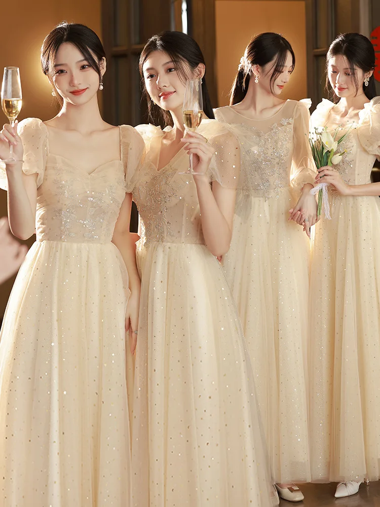 4 Styles Champagne Bridesmaid Dress Women's Elegant Short Sleeves A-Line Gown Ankle Length Tulle Wedding Party Guest Vestido