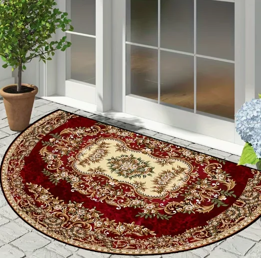 Retro Victorian Style Rose Flower Deep Red and Gold Toned Semi-circular Door Mat Is Living Rooms Bedrooms Kitchens Laundry Rooms