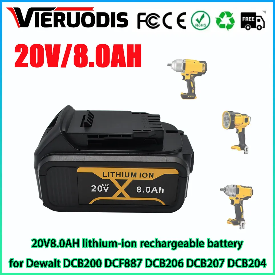 for DeWalt 20V 8.0Ah rechargeable power tool battery,suitablefor DCB205 DCB204 2DCB200 charger with LED lithium-ion replacement