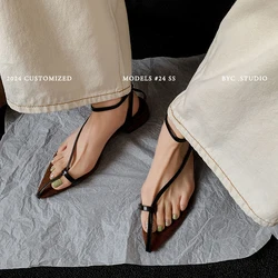 Simple Sandals Women Shoes Narrow Band Sexy Sandals On Flat Heel Ladies Golden Footwear Simple Style Summer Shoes Pointed Toe