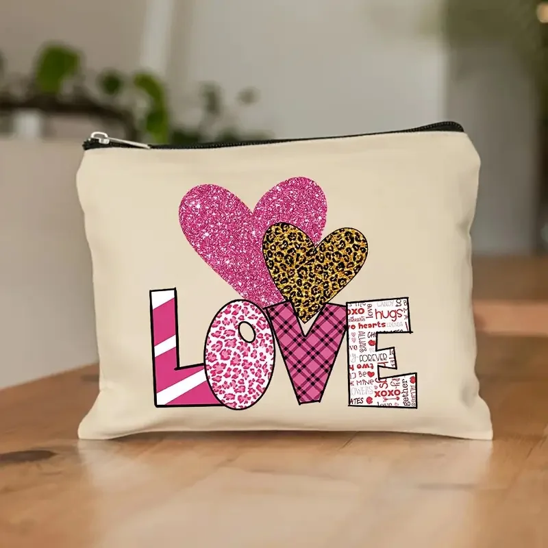 Love Heart Leopard Print Cosmetic Bag Valentine Theme Zipper Pouch Portable Travel Makeup Storage Bag Women Holiday Gift Purse