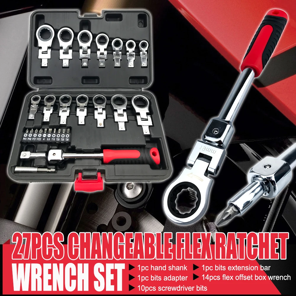 27 Pcs Changeable Flex Ratchet Wrench Screwdriver Set Durable Ratchet Combination Labor-Saving Automobile Maintenance Tool Set