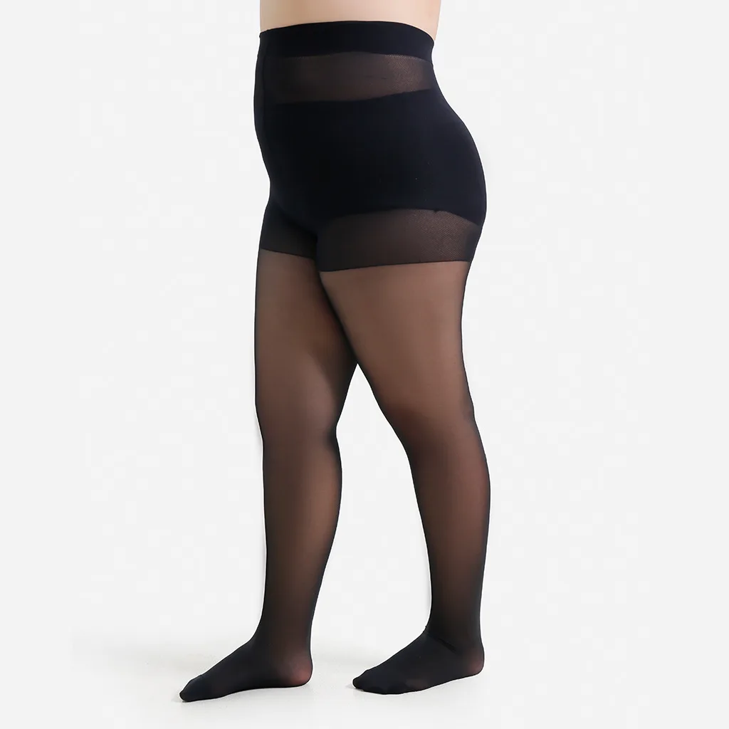 Damen Übergröße 4XL 20 Denier Schwarze Strumpfhose mit Sternenmuster auf der Rückseite Transparente Strumpfhose mit Formgebendem Bund – Detail 2