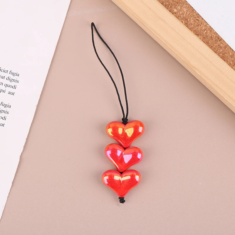 Y2K Love Heart Phone Lanyard Korean Red Beaded Mobile Phone Charm Keychain Ins Style Pendant