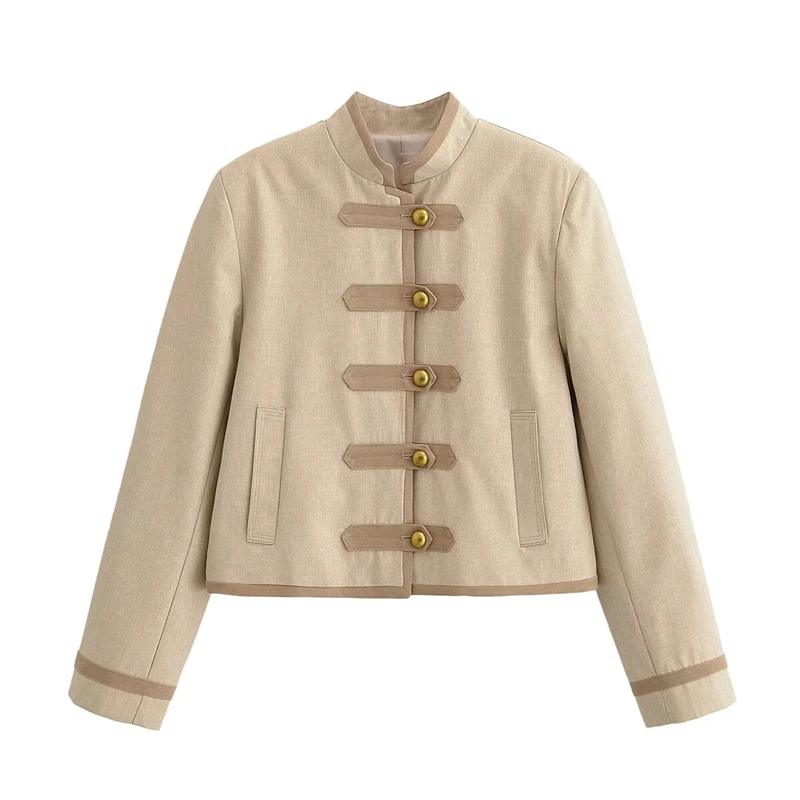 Elegant Casual Outerwear for Cross-Border E-Comm Women's Beige Mandarin Collar Jacket, Vintage Style Toggle Button Cropped Coat