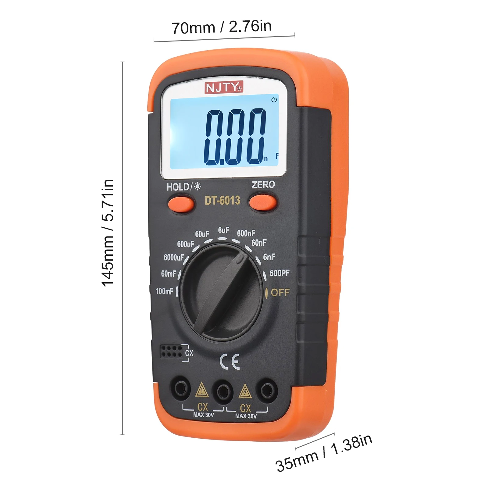 NJTY Digital Capacitance Meter LCD Display 600pF to 100mF High Accuracy 6000 Counts Capacitor Tester Crocodile Clips 0.2A Fuses