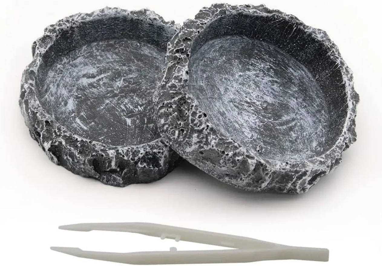 Cuenco de agua para reptiles, plato de comida para reptiles con Clip de alimentación, cuenco de alimentación de resina para tortuga, lagarto, Rana, erizo, Gecko, araña, 2 uds.