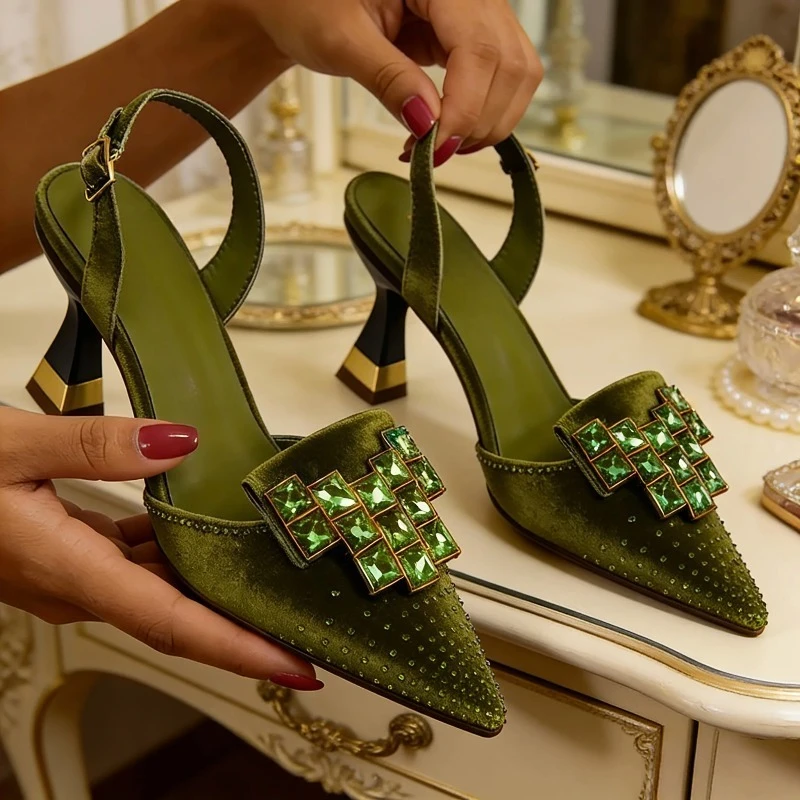 

Elegant Green Slingback Heels with Rhinestones – Italian Design, Pointed Toe Bridal & Evening Party Footwear