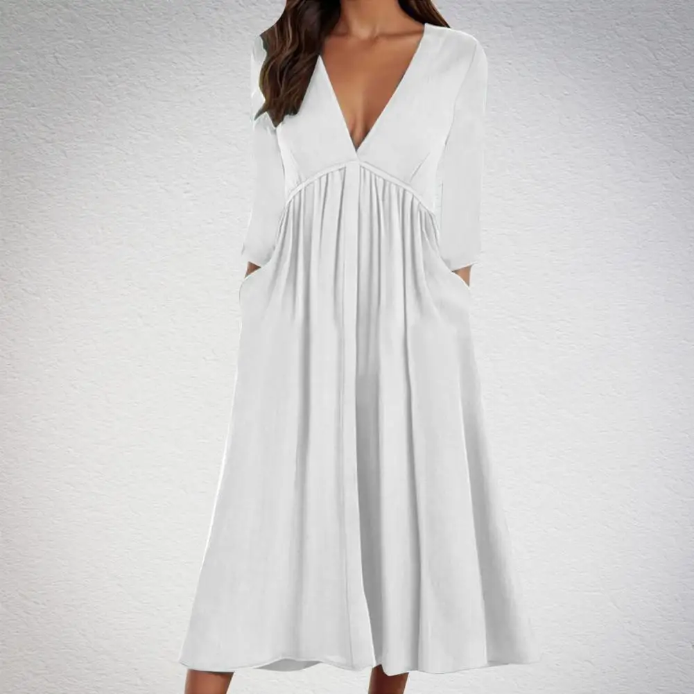 

Lightweight Solid Color Dress Long Dress Elegant Pleated A-line Midi Dress with Deep V Neck Long Sleeves Women's Fall for Dating