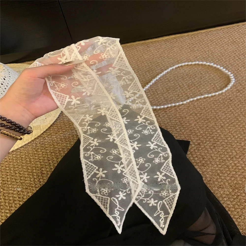 

Fashion Pearl Lace Headband Ribbon Narrow Lace Belt Multi-functional Flower Lace Hair Scarf Summer