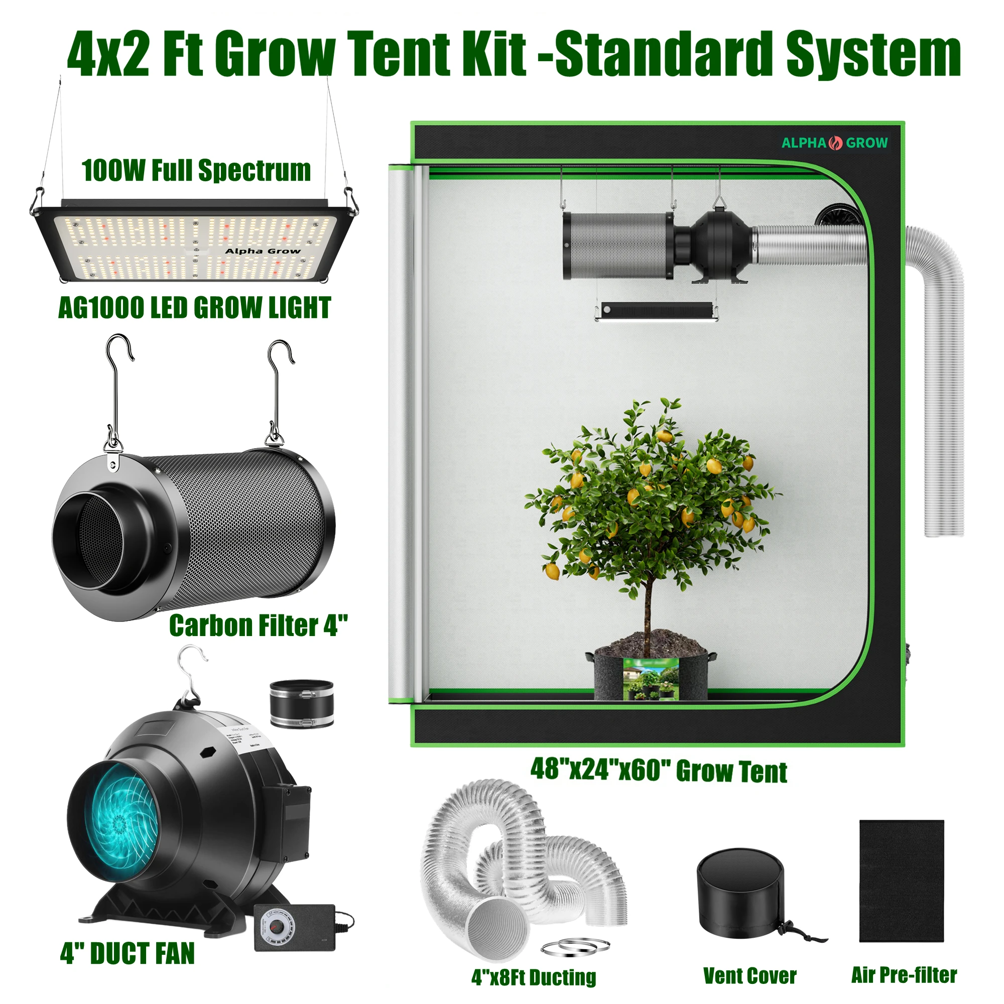 

ALPHAGROW 4x2 ft. Grow Tent Kit Complete, 48"x24"x60" Grow Tent Complete System with Inline Fan, Carbon Filter Led Grow Light