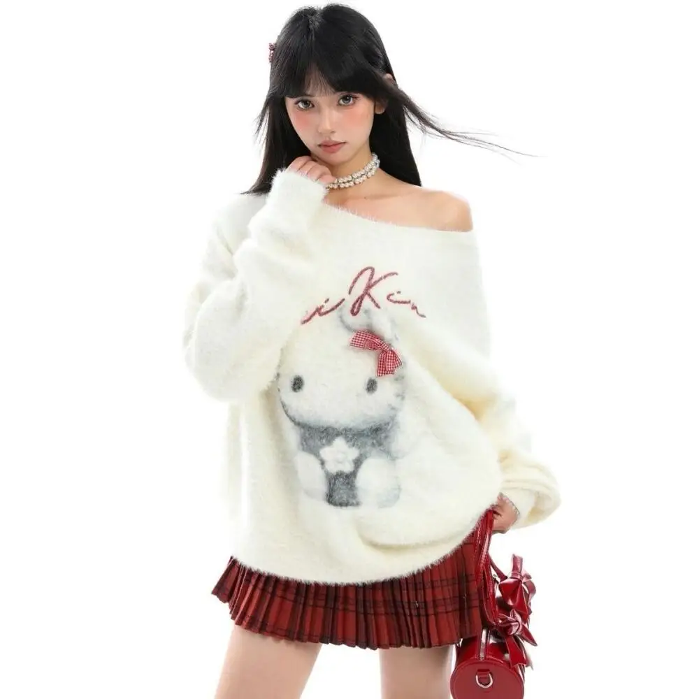 2025 مرحبا كيتي سترة لينة المرأة أنيمي Kawaii الخريف الشتاء الحياكة رشاقته القمم طالب فضفاض دافئ بلايز عادية الفتيات هدية