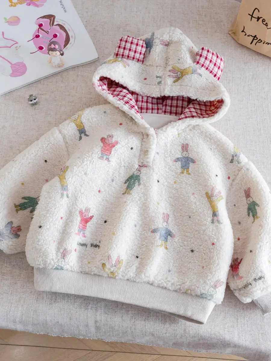 

Детская толстовка с капюшоном на флисе, с мультяшным принтом, теплая, осенне-зимняя, новая, повседневная, модная, длинная, для девочек