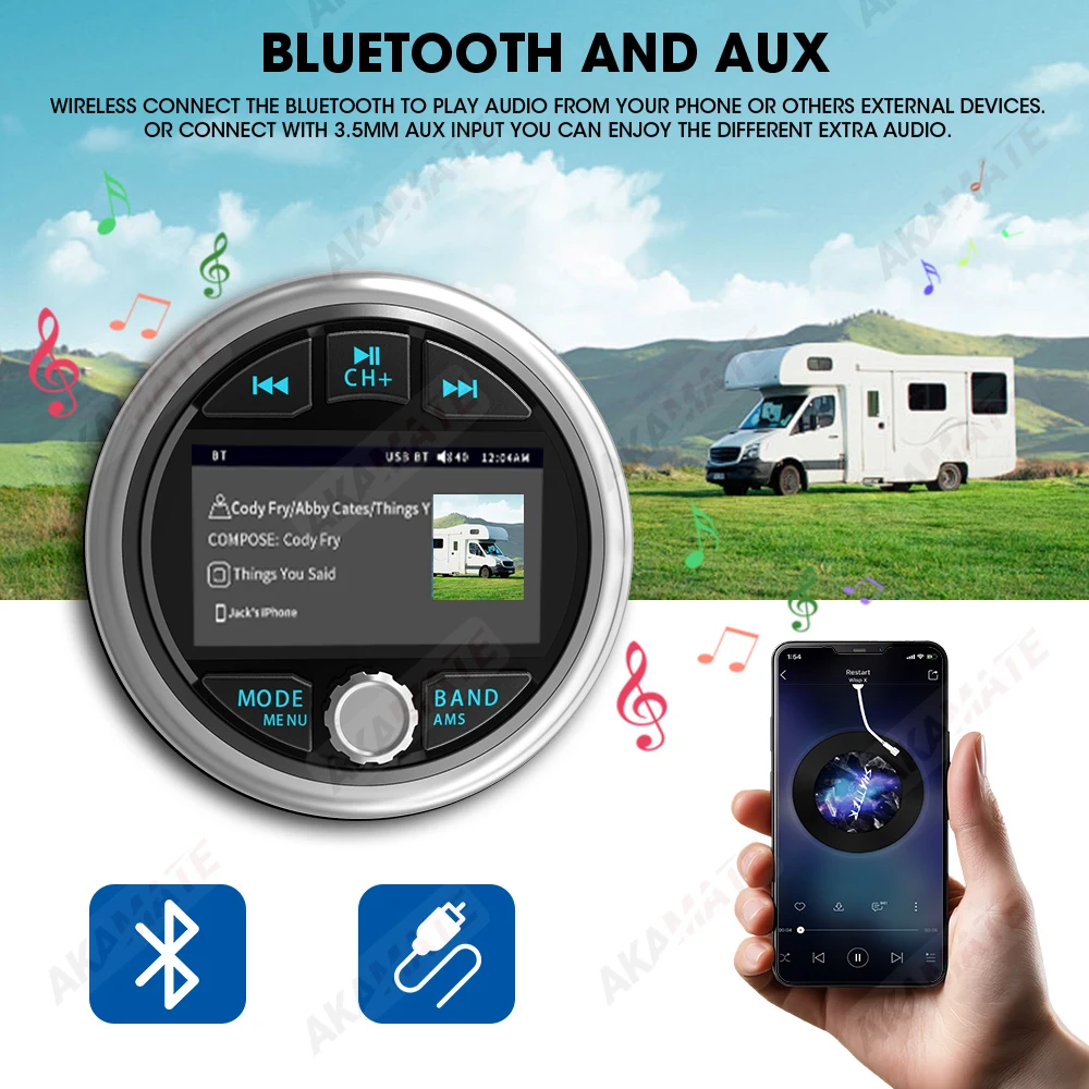 MP5 Radio for RV Stereo Bluetooth FM AM RDS Receiver EQ Waterproof IPX5 AUX Dustproof Media Player for ATV UTV Boat Marine Radio