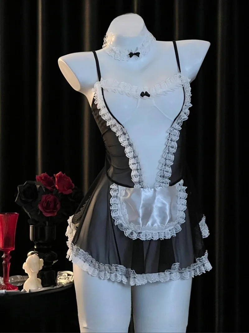 

Black Mesh See-Through Halter Maid Nightgown,Bold Seductive Backless Style,Exposes Buttocks for Couples,Romantic Date Uniform