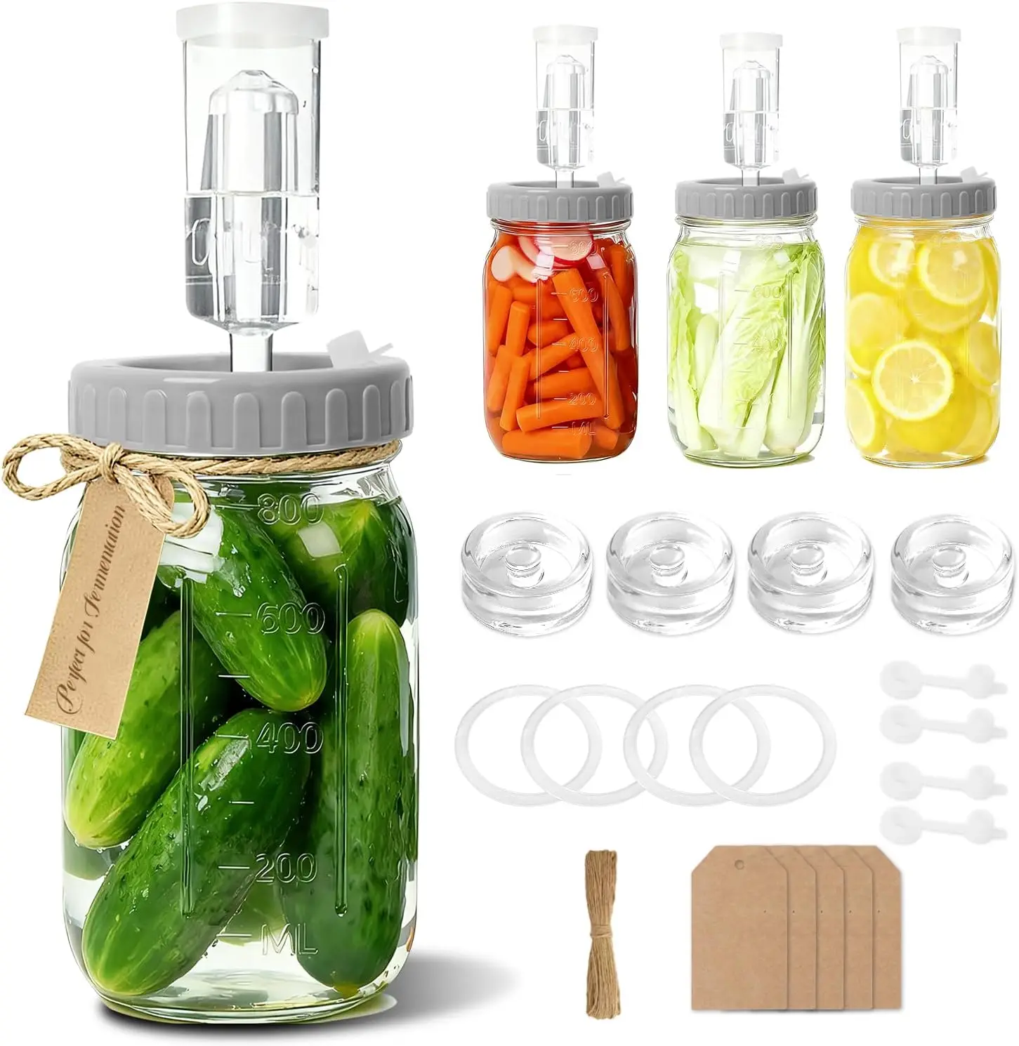 

Набор для ферментации из 4 банок (банки в комплекте): четыре банки для ферментации объемом 32 унции с пластиковыми крышками, воздушными клапанами и силиконовыми уплотнителями.