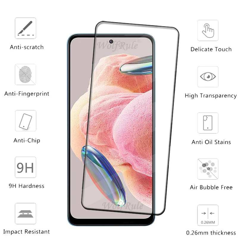 Protector de pantalla de vidrio templado, cubierta completa con pegamento para Xiaomi Redmi Note 12, 4G, 4G, 4 unidades