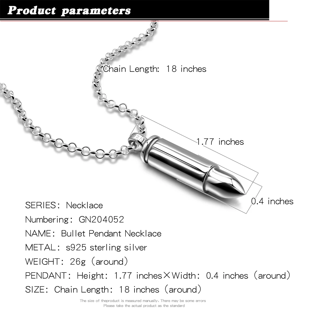 Men & Women 925 Sterling Silver Bullet Pendant Can Be Opened for Memorial Necklace -Cremation Urn -Ashes  Box Jewelry Keepsakes