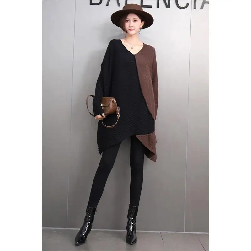 Vefadisa 2025 Spring Autumn New Brown Patchwork Sweater V-neck Batwing Long Sleeved Loose Casual Irregular Sweater ZXY1334A