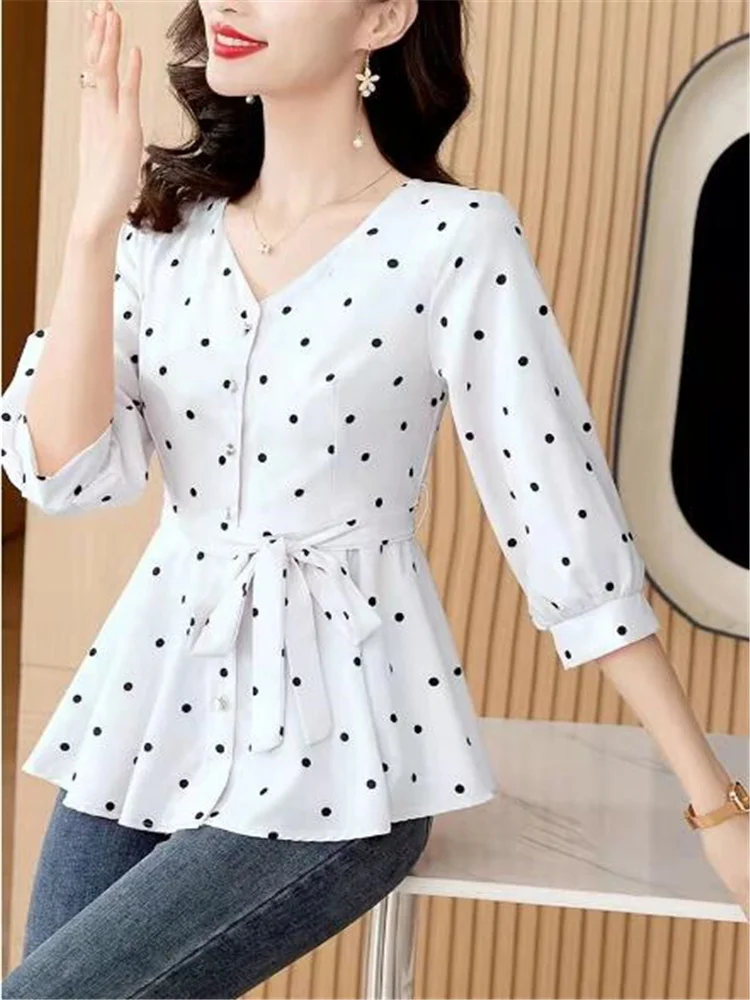 New Wave Dot Blouses Lace Up Slim Shirt For Women Summer Tops Medium Length Shirt Button Cardigan Top Grace Feminine Shirts