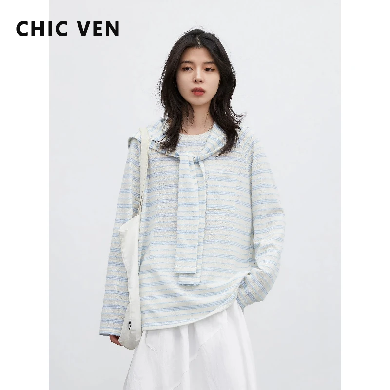 

Модные корейские женские футболки CHIC VEN: свободные повседневные топы с круглым вырезом, в полоску, с длинными рукавами, с капюшоном-шарфом, для девушек, весна-лето 2026