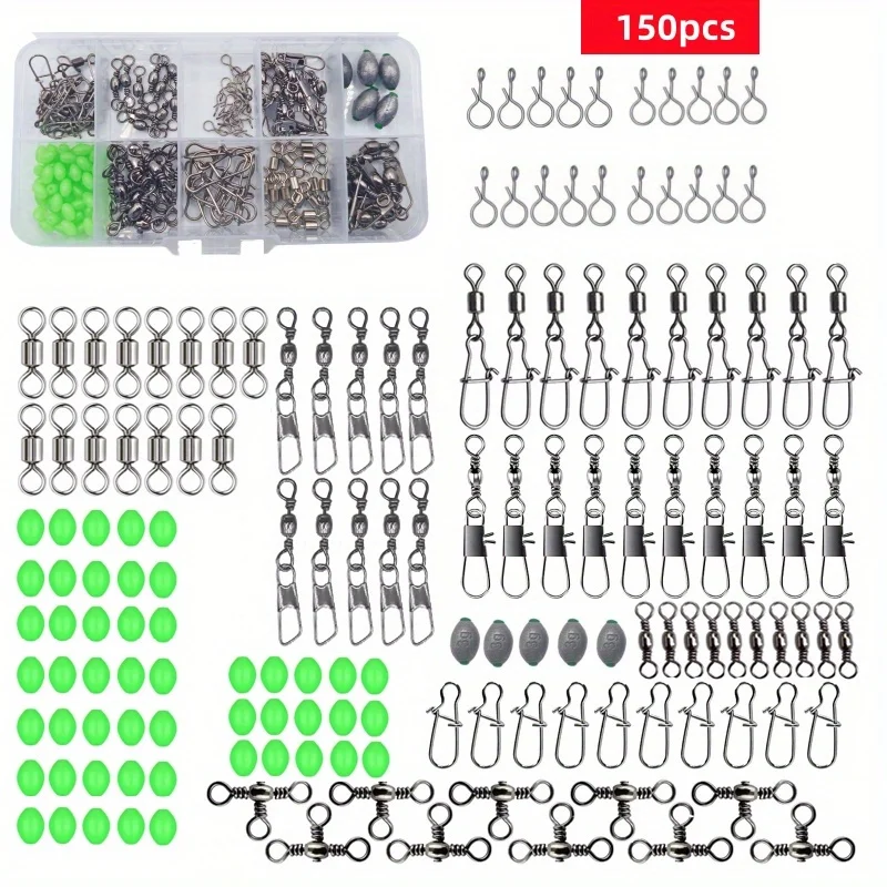 150Pcs fishing connector set, quick change spinner, egg lead, luminous beads