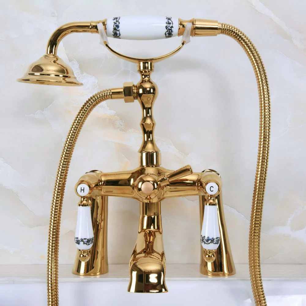 

Gold Color Brass Clawfoot Bath Tub Faucet with Handshower - Deck Mount ana143